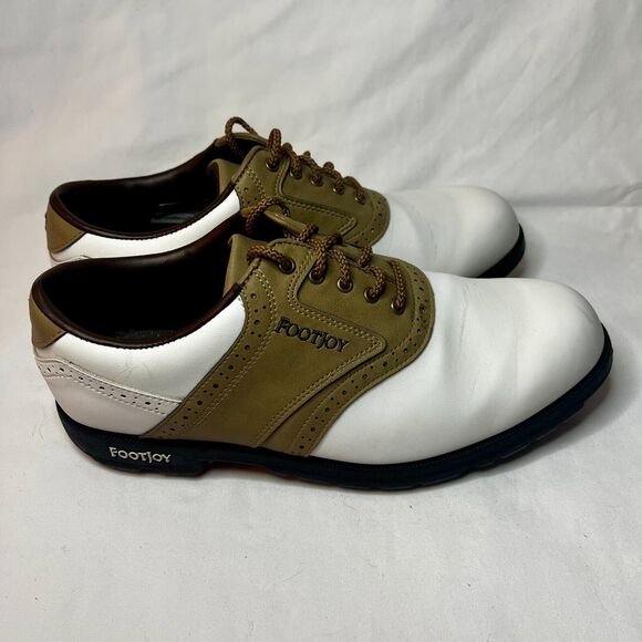 FootJoy Greenjoys Golf Shoes Mens Sz 8.5W White and Tan Lace Spikes Athletic - Picture 4 of 11
